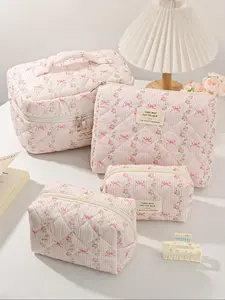 Striped & Floral Pattern Quilted Makeup Bag Set, 1 Set/ Large Capacity Portable Makeup Bag, Travel Essential Makeup Bag, Daily Makeup Bag, Makeup Storage Bag, Travel Cosmetic Bags