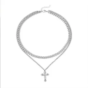MILACOLATO Stainless Steel Double Layered Cross Necklace for Men Women Imitation Zircon Cross Pendant Fashion Accessories Party Gifts Minimalist Chain Hypoallergenic Lead-Free Nickel-Free Heavy Metals-Free