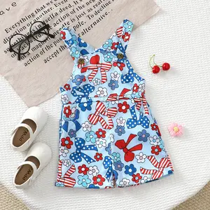 Ready Stock Toddler Girls' 4th of July Bow & Floral Print Overalls Shorts (6M-4Y) QQ130-D
