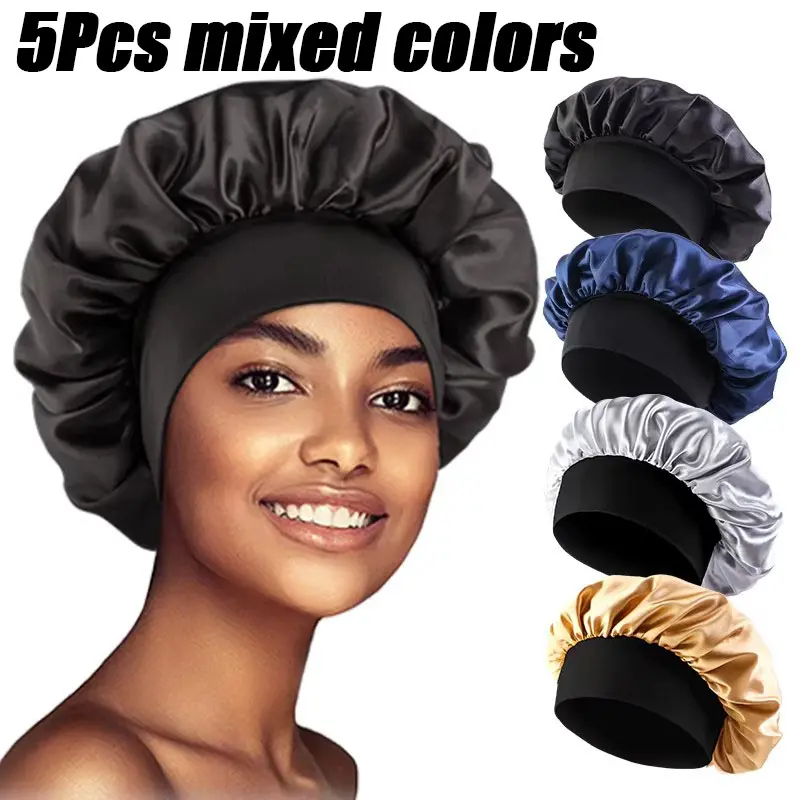 Women's Silky Satin Solid Wide-Brimmed Chic Silk-Lined Shower Cap Set - Elastic Band Haircare Accessory, Satin Curler-Compatible Night Head Wrap, Bathroom Home Supply