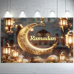 Ramadan Theme Backdrop, 1 Count Moon & Lantern Pattern Backdrop, Ramadan Decorations, Party Decoration Supplies for Home Living Room Bedroom, Ornaments