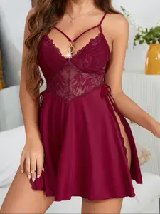 Women's Contrast Lace Backless Split Thigh Cami Sleeveless Nightdress, Lace Trim Nightdress, Adjustable Spaghetti Strap Sheer Nightgown, Women's Sleepwear & Loungewear for Summer, Valentine's Day Gift for Girl
