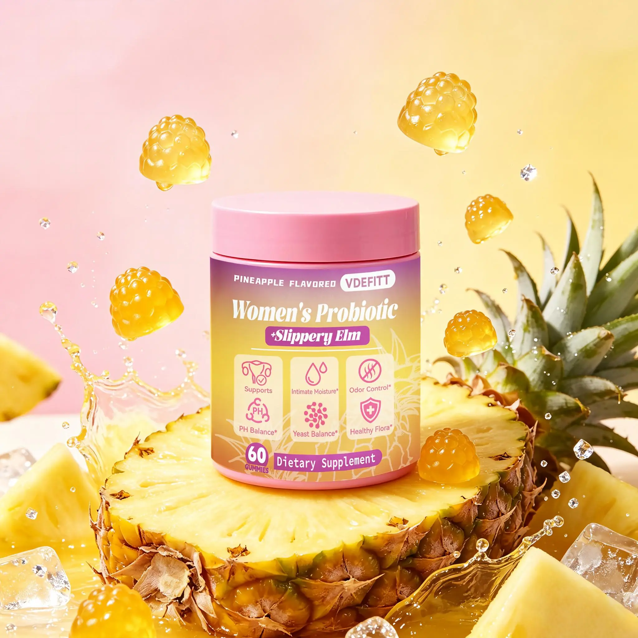 Women’s Feminine Probiotic Gummies | Pineapple Flavor | Slippery Elm with Prebiotics & Lactobacillus | Daily Support for pH Balance, Gut Health & Feminine Wellness | 60 Count