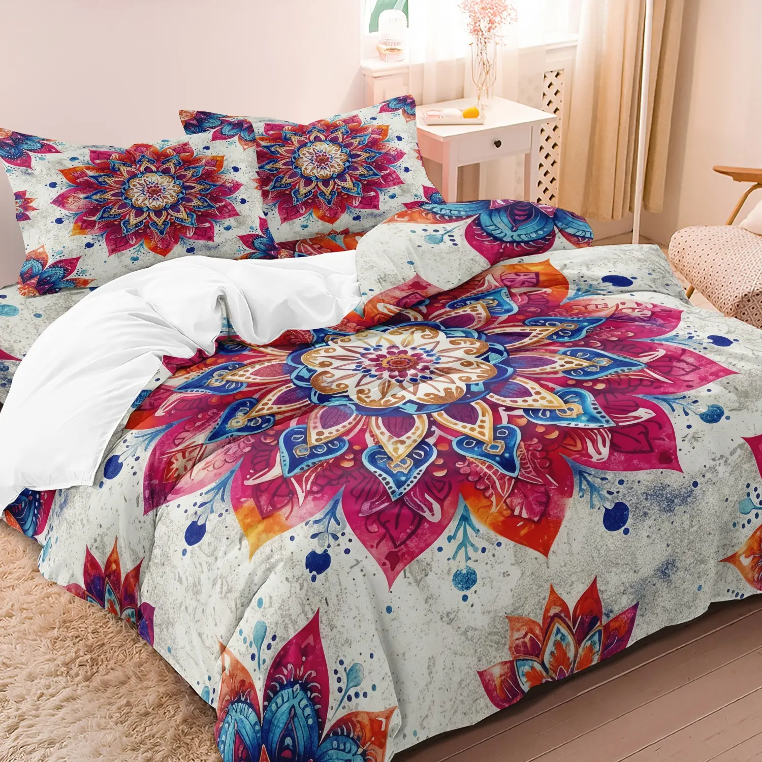 3pcs Colorful Mandala Lotus Floral Decorative Duvet Cover Set (1 Duvet Cover + 2 Pillowcases, No Comforter, No Pillow Core), High-Definition Print For Home And Dorm Use, Printed Bedding Set, Theme Bedding Set