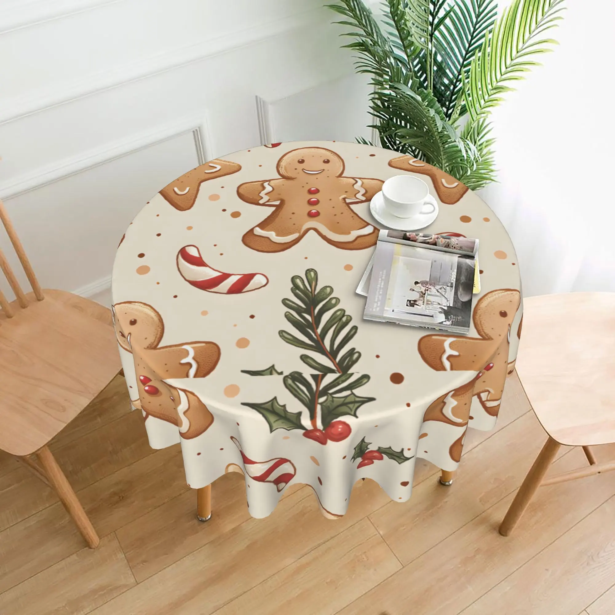 Christmas Round Polyester Tablecloth with Gingerbread Man-Candy Cane Holly Print, Water-Resistant, Soft, Wrinkle-Resistant, Reusable Washable Tabletop Cover for Indoor/Outdoor Holiday Dinner Parties