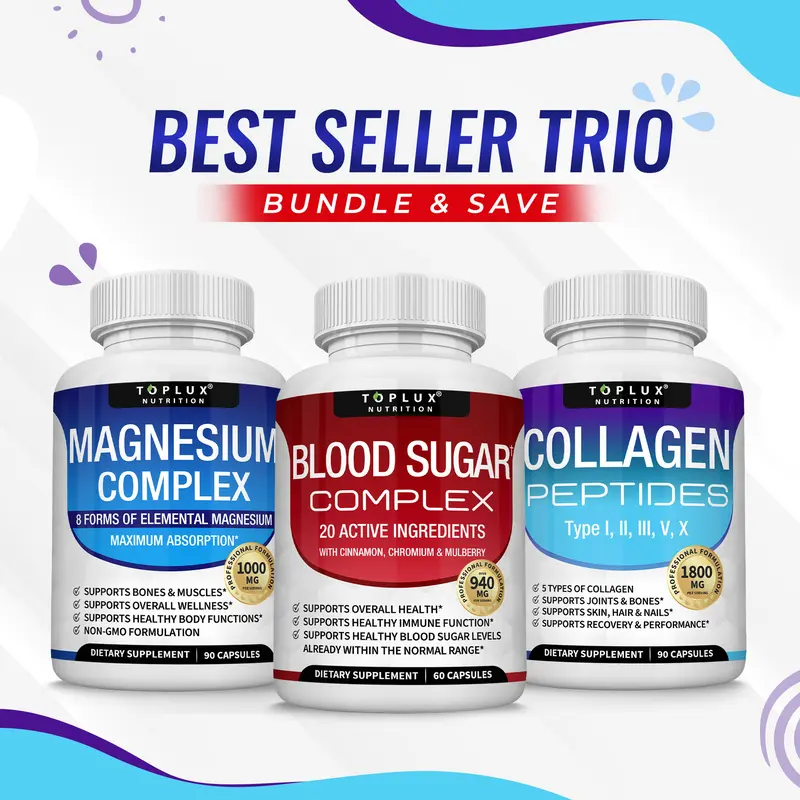 Magnesium Complex, Blood Sugar Complex, Collagen Peptides - Best Seller Bundle for overall health