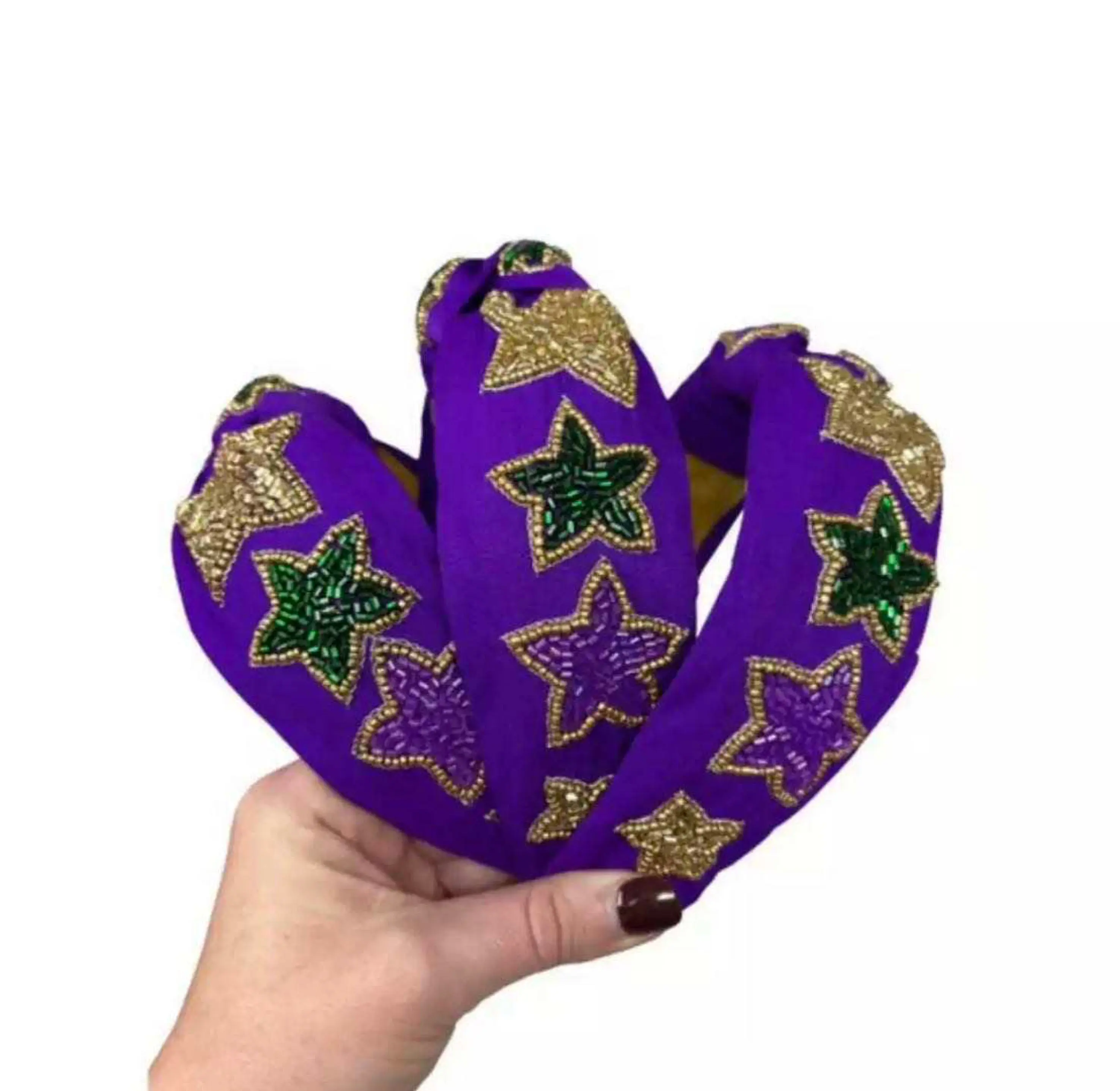 Mardi Gras Beaded Stars Headband, Purple Color with Green and Gold Accents, Star-Shaped Design
