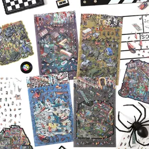 12 sheets 3D miniature landscape stickers featuring mini characters, scenes, objects in a simple vintage style, made PET white card double material, waterproof self adhesive, DIY scrapbook decoration stickers set