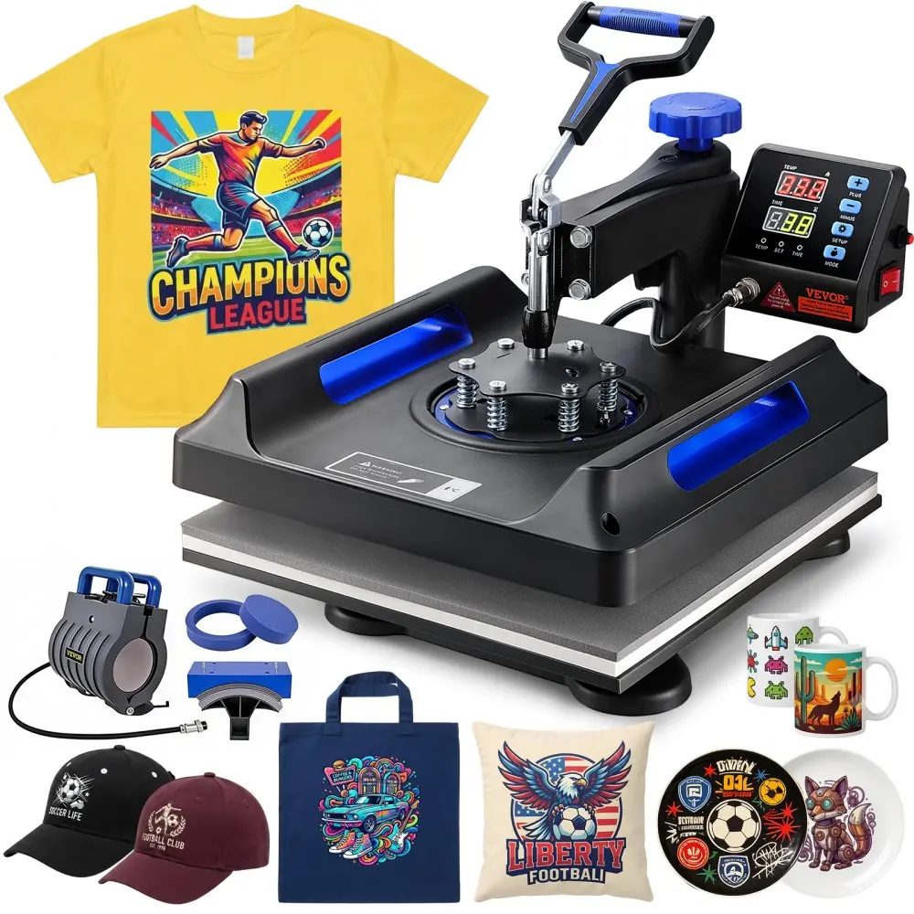 【Backtoschool】VEVOR Heat Press Machine Heat Press Sublimation Machine 360° Rotation Swing Away Shirt Printing Machine Dual-Tube Heating for DIY T-Shirts Cap & Mugs Blue