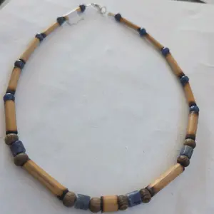Handmade Bamboo Necklace with Blue Tigers Eye & Aventurine Beads 17 Inch Choker No Plastic Wearable in Shower & Swimming