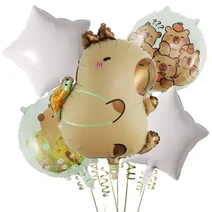 5pcs Cute Capybara Aluminum Foil Balloons, Includes 1 Capybara, 2 Printed Circles, 2 Stars, Perfect for Parties, Parks, Kids' Events, Party Balloons Decorations, Balloon Set