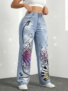 Jeanius Women's High Waist Wide Leg Denim Jeans, Medium Stretch Light Wash, Retro Music Graffiti Print with Guitar Piano Note, Streetwear Semi Baggy Jeans