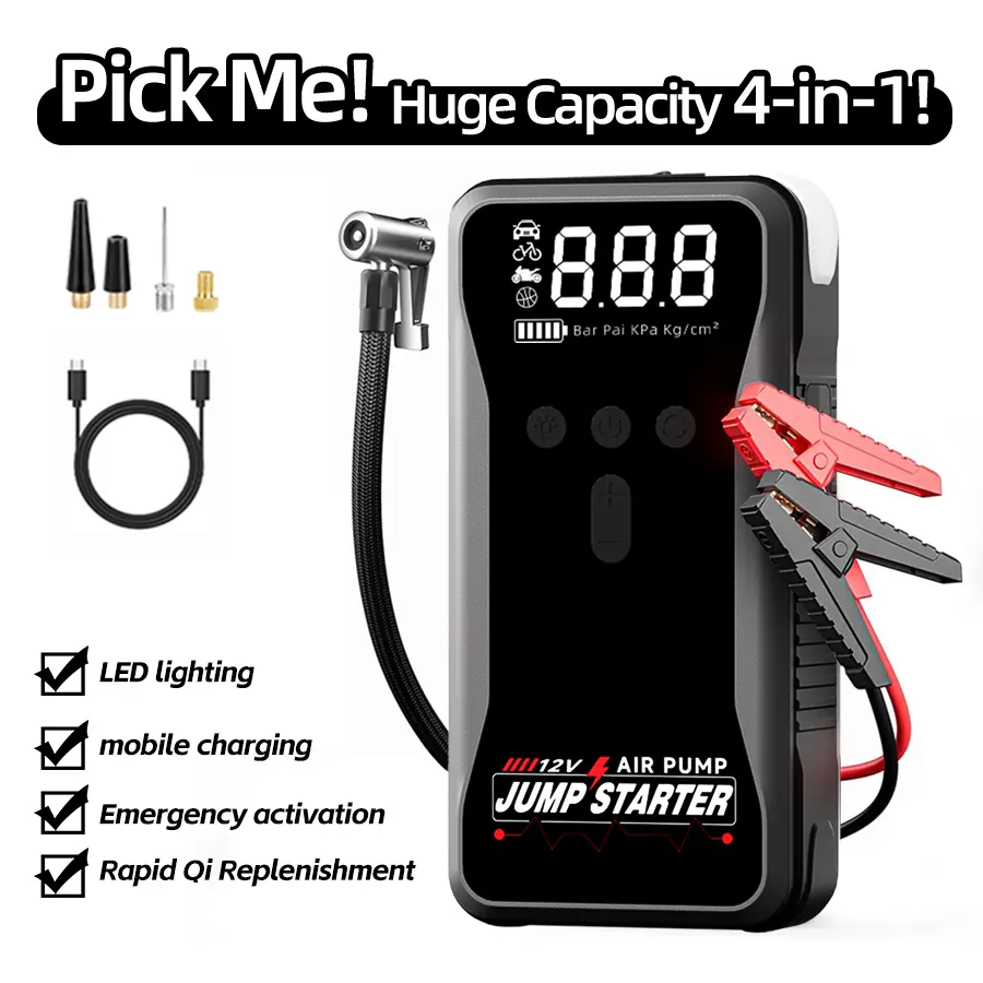 Portable Car Jump Starter - 4000A Peak Power, 150PSI Digital Tire Inflator, 12000mAh Power Bank, USB Rechargeable, LED Emergency Light, Tire Pressure Detection, Quick Charge for Gas/Diesel Vehicles, Outdoor Camping smart jumper cable battery