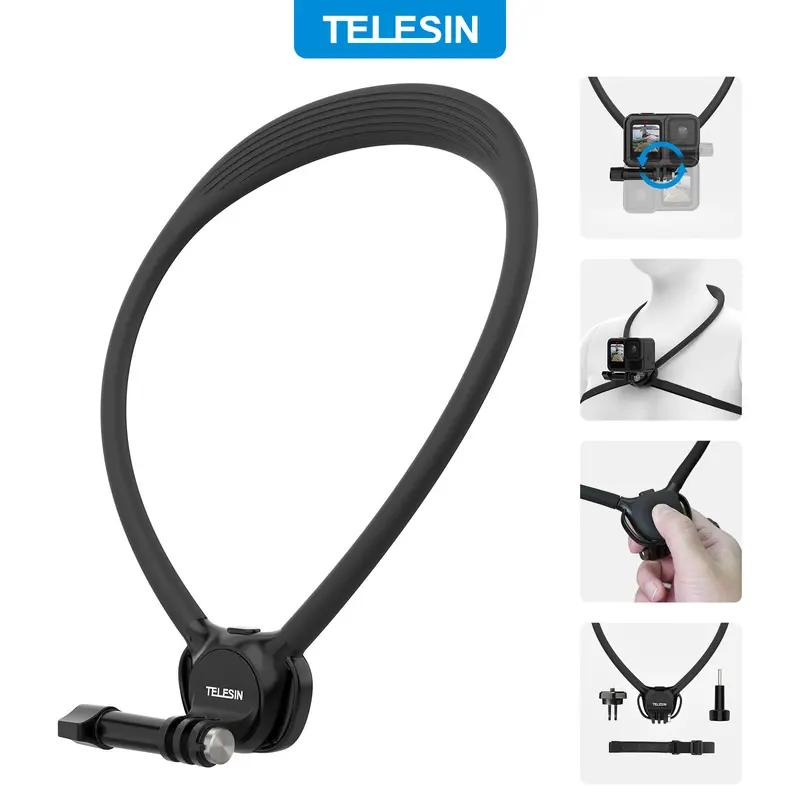 TELESIN SE 2.0 Neck Mount Strap with Chest Harness for 360 Action Cameras, Hands-Free POV Holder for GoPro Hero 13/12/11/10/9/8, DJI Osmo Action 5/4/3 Pocket 3, Insta360 X5/X4/X3/ACE/GO 3, Akaso, Xtra – Ideal for Vlog, Travel, Sports, Outdoor Filming