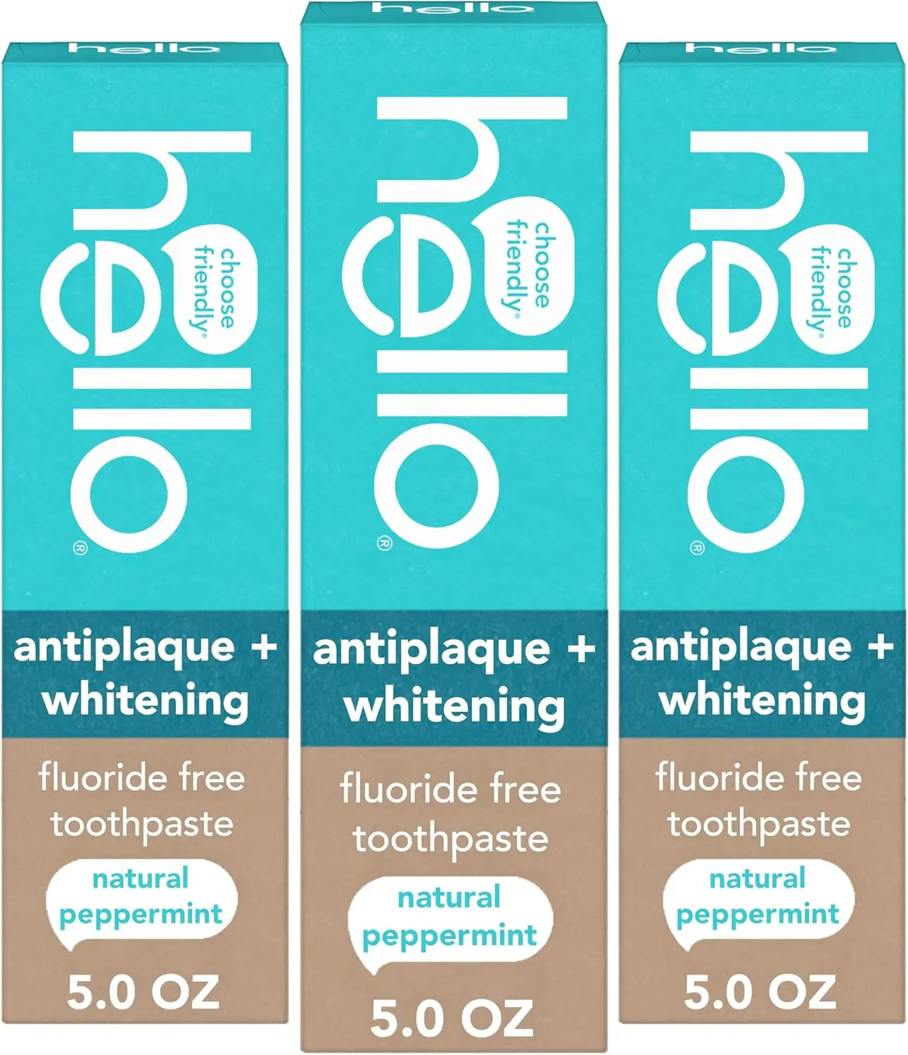 Hello Antiplaque and Whitening Fluoride Free Toothpaste, 5 Oz Tube, Whitening Toothpaste with Natural Peppermint Flavor and Tea Tree Oil, Crushes Tartar and Helps Remove Surface Stains, 3 Pack