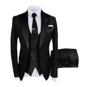 Men’s slim-fit three-piece suit set — double-breasted blazer, vest, and pants for weddings and formal events; men’s slim wedding suit; pocketed suit; men’s three-piece party suits; business-casual tuxedos; business-casual outfits; office work clothes