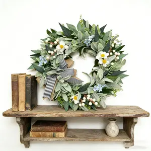 Fake Spring Summer Magnolia Wreath, Lamb Ear Leaf Greenery and Striped Bow, Rural Style Porch Decor for Mother's Day, Weddings and Gift, Decoration