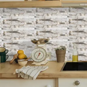 12-Pack Beige Marble Peel and Stick Backsplash Tiles, Self-Adhesive 3D Wall Panels with Light Golden Aluminum Accents, Contemporary Urban Striped Pattern, Plastic Rectangle Shape for Kitchen & Bathroom Decor