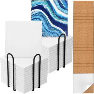 24 Pack Ceramic Tiles for Crafts with 2 Holders, White Unglazed Blank Ceramic Coasters with Self-Adhesive Cork Backing Pads for Acrylic Pouring, Painting, Make Your Own DIY Coasters (Square)