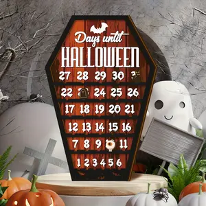Halloween Countdown Calendar Board Moving Wooden Calendar Advent Calendar Movable Ghost Pumpkin Decoration Coffin Shaped Halloween Home Decor Holiday Decorative Sign