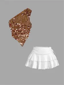 Women's Asymmetric One-Shoulder Sequin Fitted Top with Solid Color Mini Skirt Set, Perfect for Parties, Celebrations, Gatherings, Outings and Multiple Occasions.