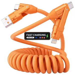 Four-In-One Spring Extension Data Cable, Super Fast Charging, USB Power Mode, Type-C Input, Lightning Output, Car Charger, iPhone Samsung Xiaomi, Fast Charging Supported
