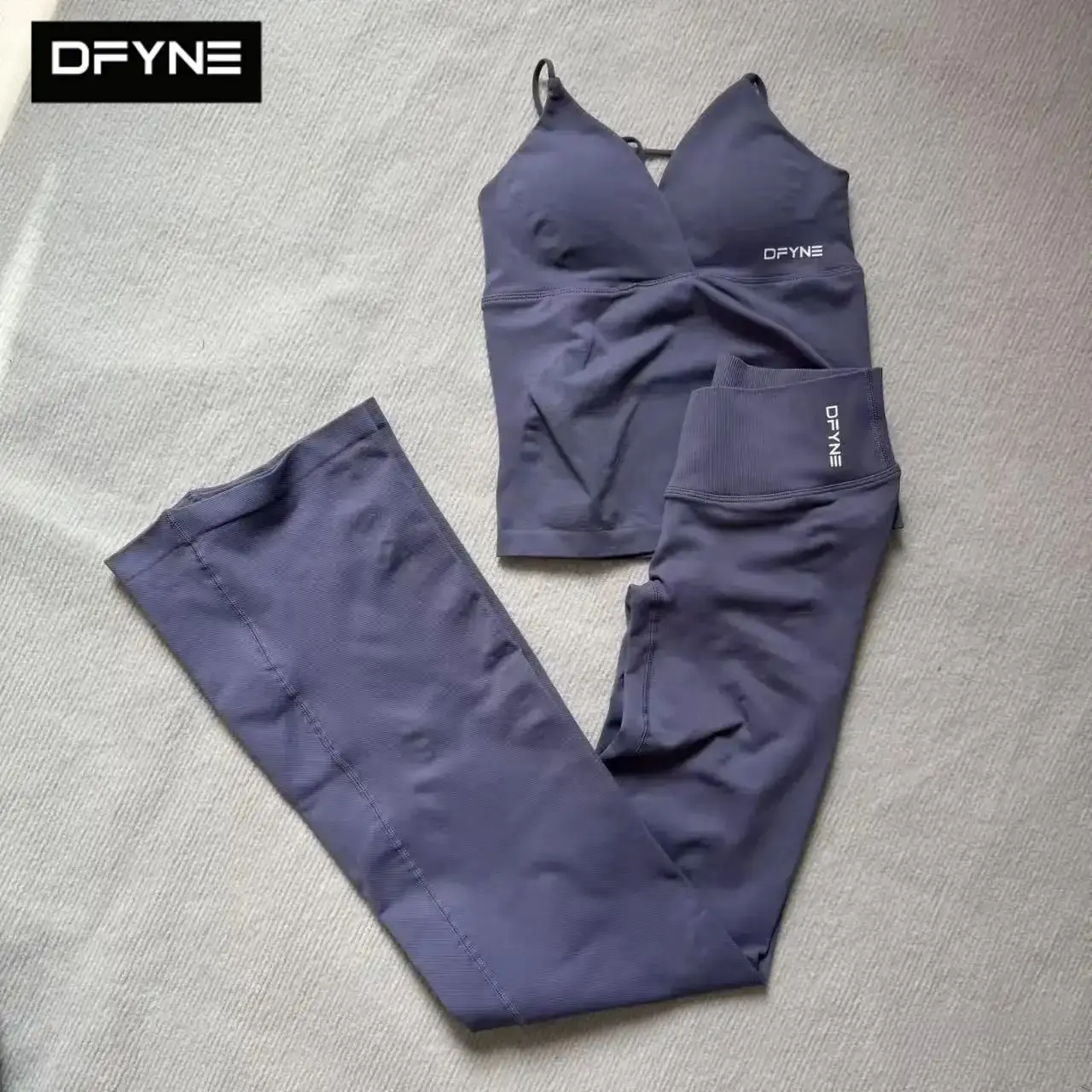 DFYNE Women Seamless 2 Piece Activewear Set V Neck Sports Bra & Squat Proof High Waisted Flare Yoga Pants Stretchy Workout Outfit for Gym Pilates Running Athleisure Wear