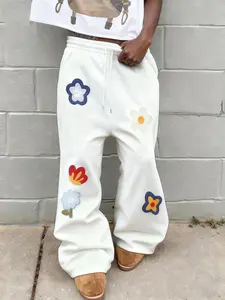 Colorful Floral Patchwork High-Waisted Loose Fit Pants, Unisex Streetwear, Vintage American Style, Soft Cotton Blend Fabric, Drawstring Waist