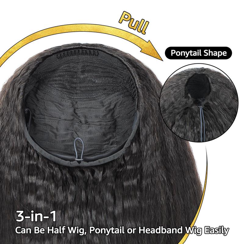 [3 In 1 Half Wig] OQ HAIR Kinky Straight Half Wig Yaki Straight Wavy Easy Wear Go Wig No Glue With Drawstring Invisible Hairline Butterfly Cut Human Hair Glueless Wigs