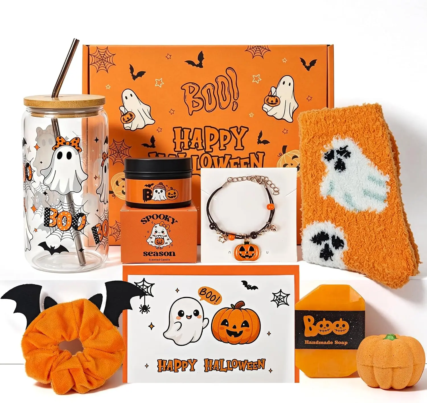 2026 Fall Halloween Gifts Boo Basket Stuffers for Women, Halloween Gifts for Women Teen Girls Her with 16oz Glass Cup Spooky