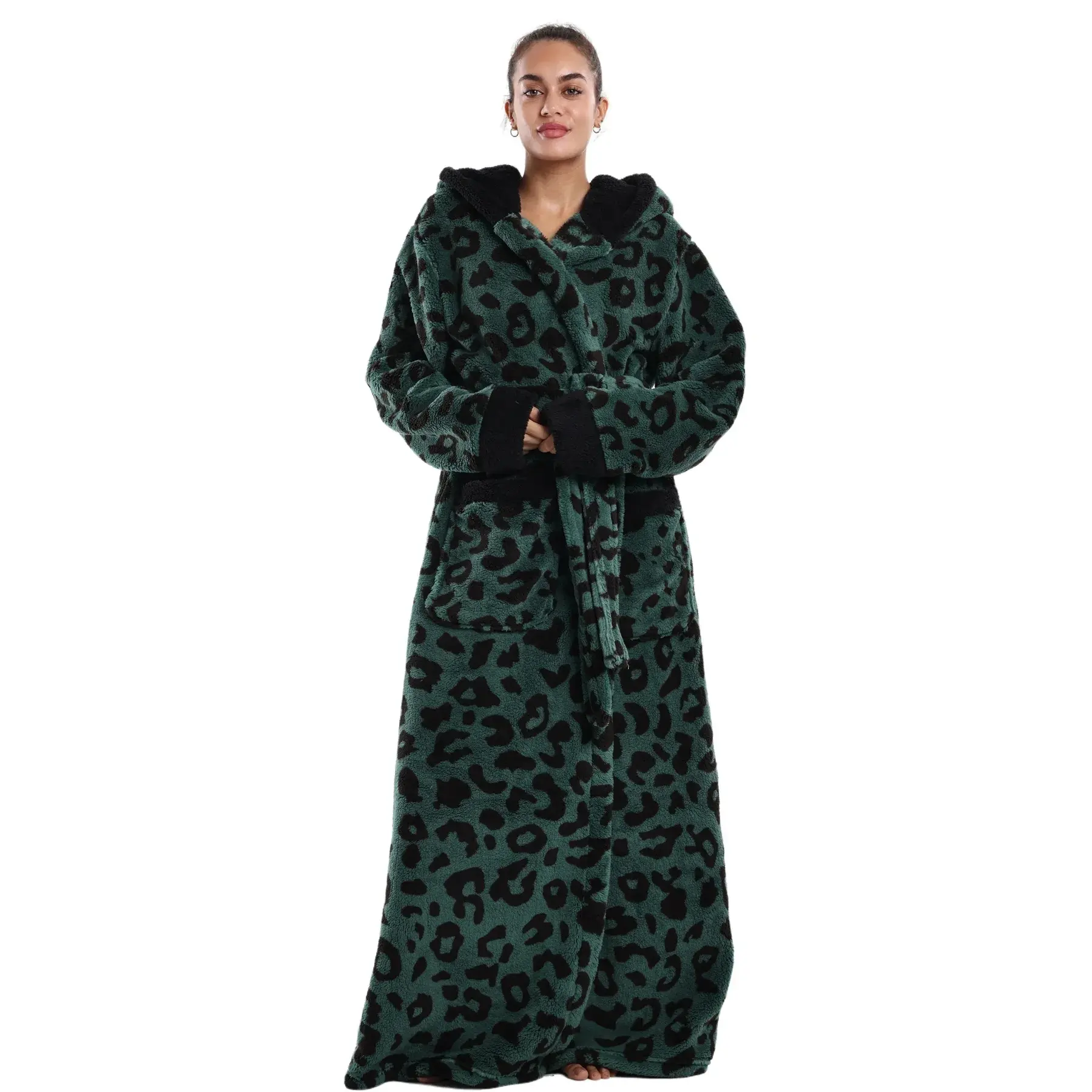 Women's Hooded Sherpa Fleece Bathrobe, Cozy Thick Long Sleeve Halloween Cute Print Soft Warm Loungewear Sleep Robe