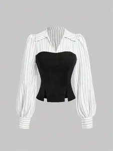 A ladies' striped patchwork black Slim Fit Woven puff-sleeved halter-neck blouse, elegant for daily wear and versatile for any occasion.