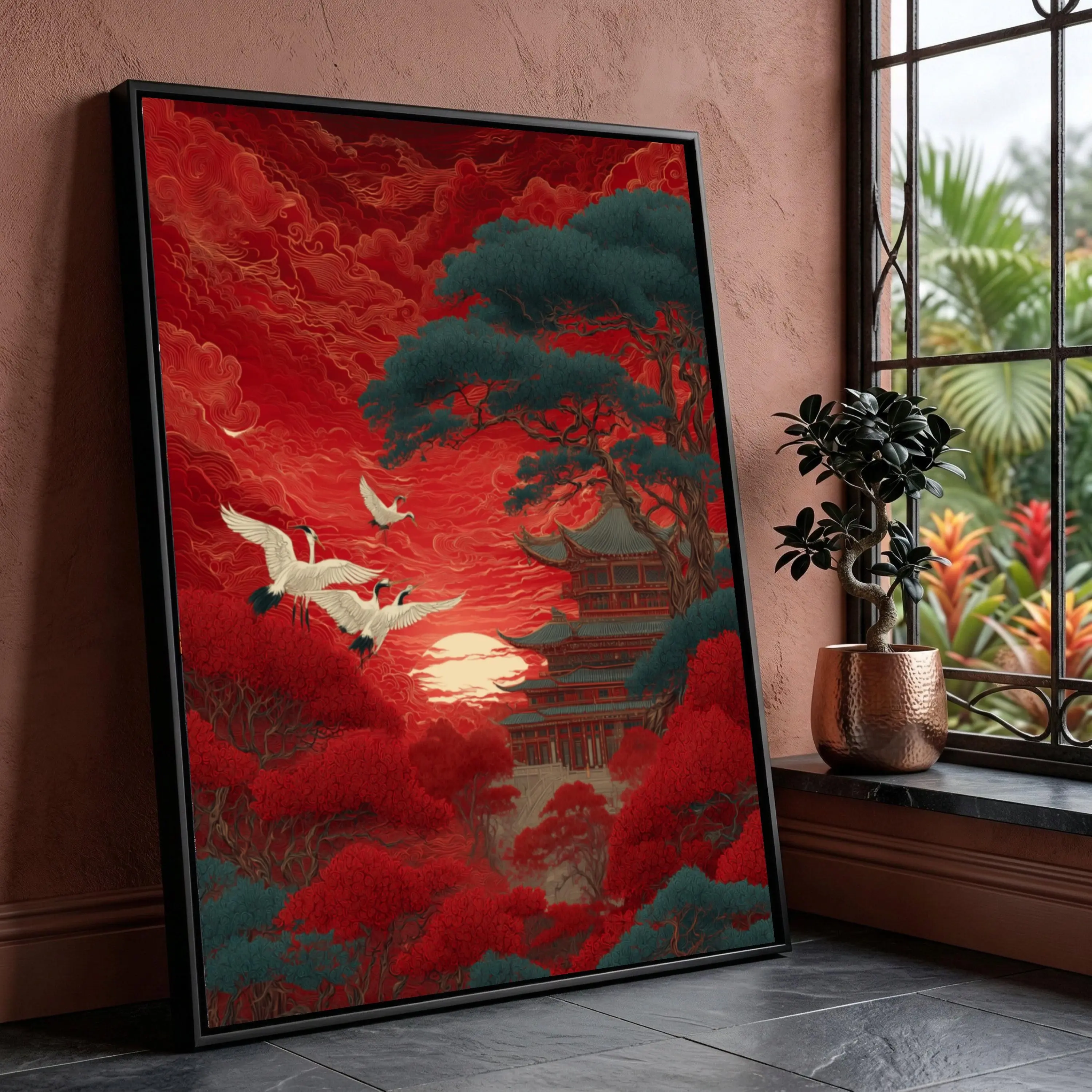 [Sale off up to 40%] [Frame Canvas] Tranquil Japanese Temple Sunset Canvas, Red Sky Landscape, Crane Bird Wall Art, Traditional Asian Nature Scene, Home Decor Canvas Print