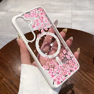Magnetic Phone Case for Samsung Galaxy S24 Plus S25 Ultra S23 FE Ultra S22+ Cherry Blossom Whisper Pattern TPU Shockproof Anti-Scratch Stylish Smartphone Cover