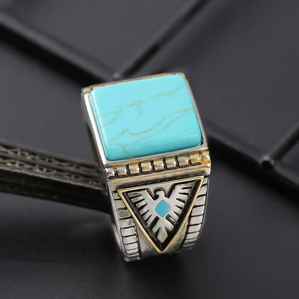 1pc Men's Turquoise & Golden-Tone Indigenous-Inspired Retro Ring, Durable Alloy Gold Green Costume Jewelry, Multi-Size Small Turquoise Rings for Valentine's Day, Daily Wear, Gold Green Rings