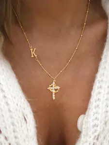 Women's Stainless Steel Beaded Chain Coptic Cross Necklace, Classic Fashion Zirconia Crown Cross Initial Pendant Design, Casual All-Season Jewelry Accessory, Non Tarnish Necklace