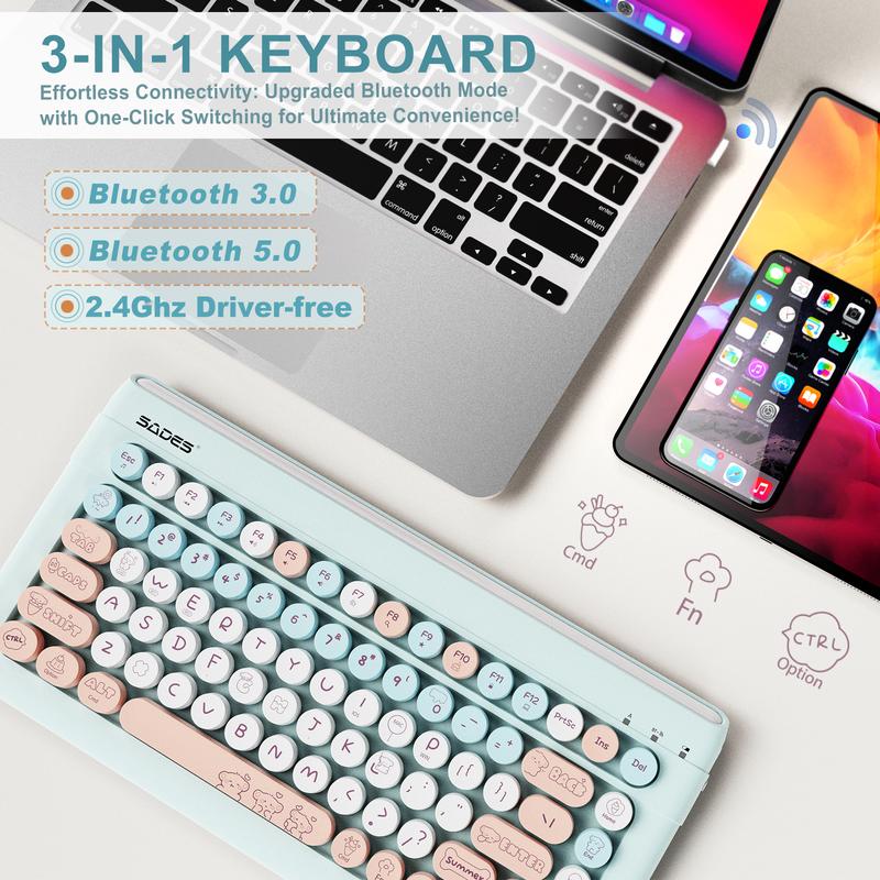 Wireless Bluetooth Keyboard for Mac, iPad, iPhone, PC, and Android—Connect Up to 3 Devices, Portable 84-Key Retro Typewriter Style, Light Blue