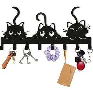 Key Holder Wall Mount,10.19"x4.72" Hanger Walls Decorative Key Holders,Wall Mount Design,Black Metal Cat Keys Holder on Wall with 8 Hooks for Home/Office/Entryway
