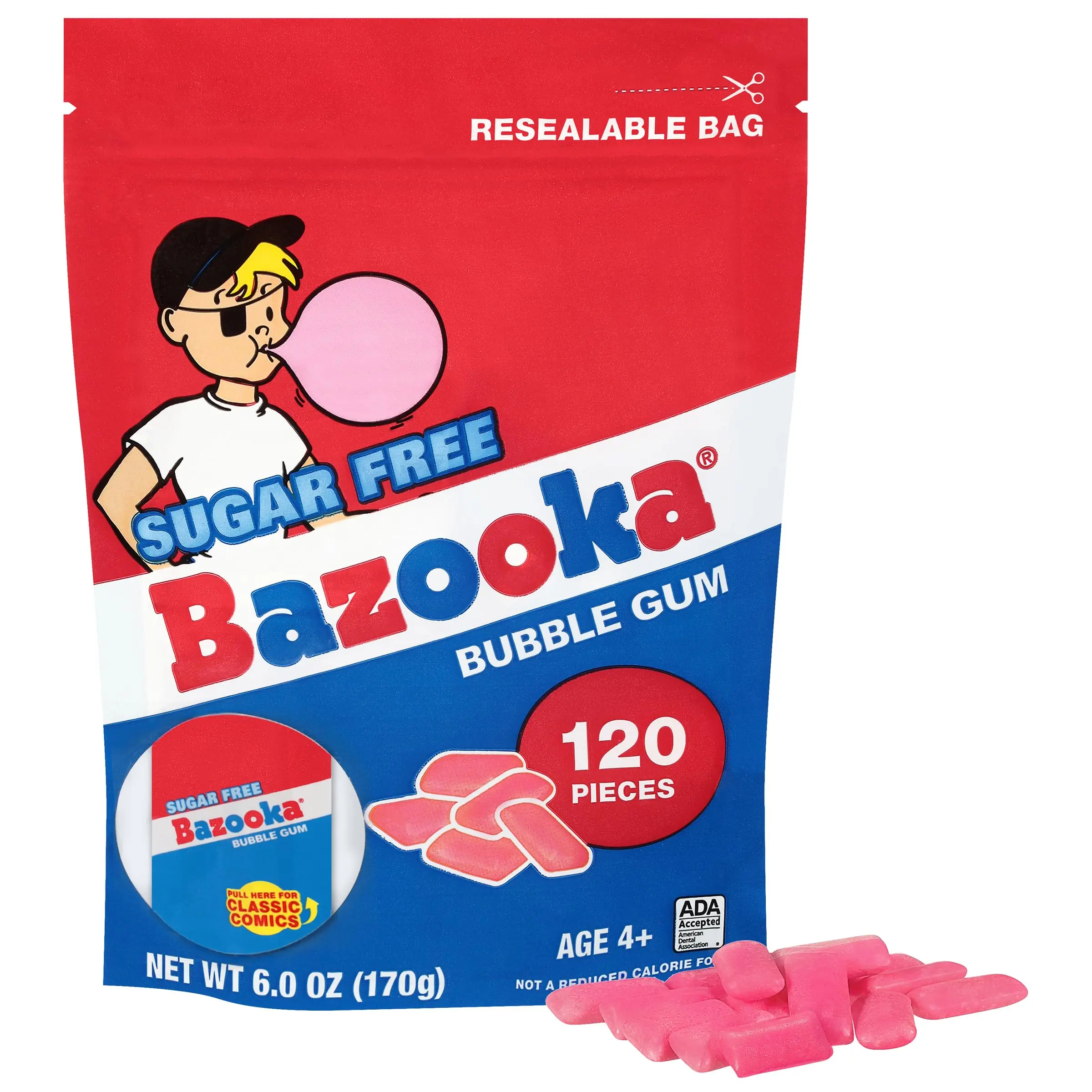 Bazooka New Sugar-Free Bubble Gum Pellets Bag - 120 Count Bulk Gum, Original Flavor, Resealable Pouch Perfect for Sharing, Ideal for Parties & Vintage Themes, Nostalgic Chewy Gum