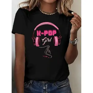 Women's K-POP Graphic T-Shirt - Korean Pop Music Inspired Casual Crew Neck Short Sleeve Top with K-Pop Lettering & Headphones Design, & Black Outfit for K-Pop Fans