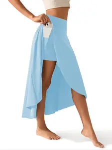 Women's High-Waisted Split Thigh Sports Skirt with Inner Shorts Pockets, Lightweight Elastic Fabric, Casual Pure Color Sporty Short Dress, Casual Sporty Skorts