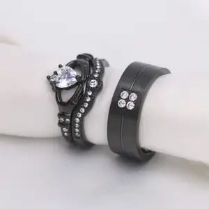 Lvrong 2 Rings His And Hers Couple Rings 1CT Heart Cz Rings Claddagh Ring Womens Wedding Ring Sets Titanium Steel Mens Wedding Bands