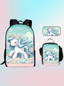 Cute Unicorn Backpack Set for Girls, Water Resistant Kids School Bag, Insulated Lunch Box & Pencil Case, Kawaii Cartoon Bookbag, Back to School Gift