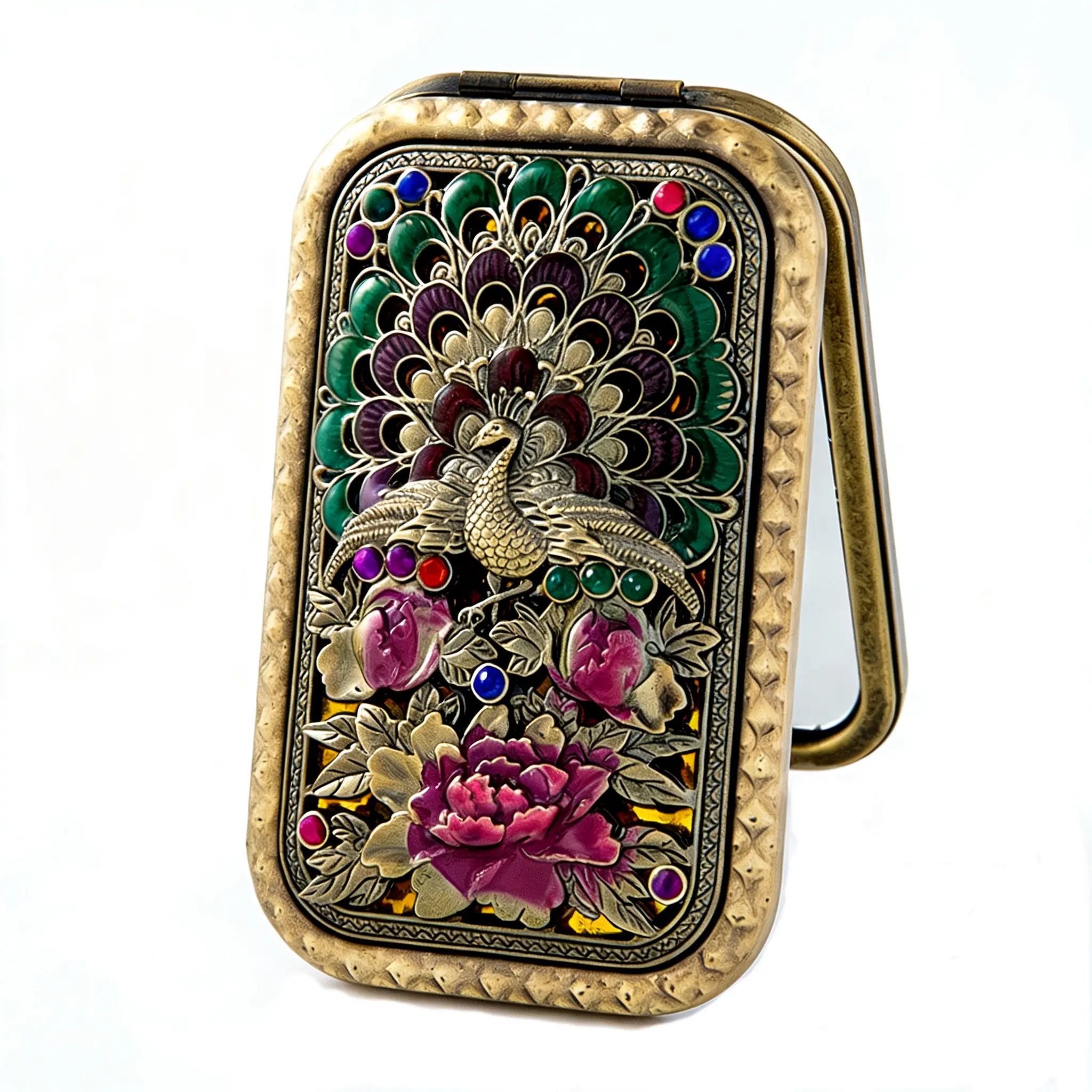 HOLDNEAR Vintage Peacock Compact Mirror, Hollow Out Enamel Antique Bronze Dual-Sided Folding Pocket Makeup Mirror, Portable Travel Purse Mirror, Elegant Gift for Women, Mother’s Day Christmas Birthday Present