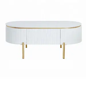 Daveigh Fluted Oval Coffee Table White & Gold Modern Luxury Design with Elegant Gold Legs and Sleek White Finish