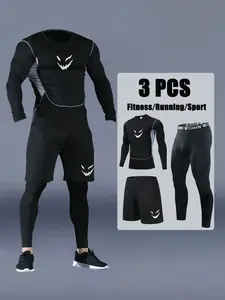 Men's Sports Set, Tight-Fitting Body Shaping, Round Neck Design, Fashion Print, Breathable Elastic Compression Top + Drawstring Shorts + Pants, Workout Running Clothes, Fitness Compression Wear