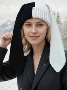 Unisex Colorful Block Knit Long Bunny Ear Hat, Warm Fashion Accessory for Fall & Winter, Perfect for Daily Wear, Parties, Commuting