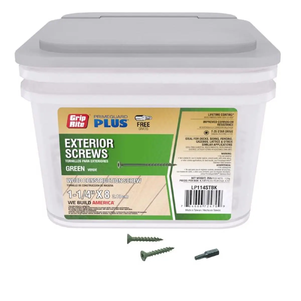 Grip-Rite PrimeGuard Plus Deck Screws, No. 8 x 1.25 in. Green Polymer Coated Steel Hardware, Star Drive Bugle Head, Coarse Thread, 25 lb Box with T-20 Bit for Deck Building, Water Sports