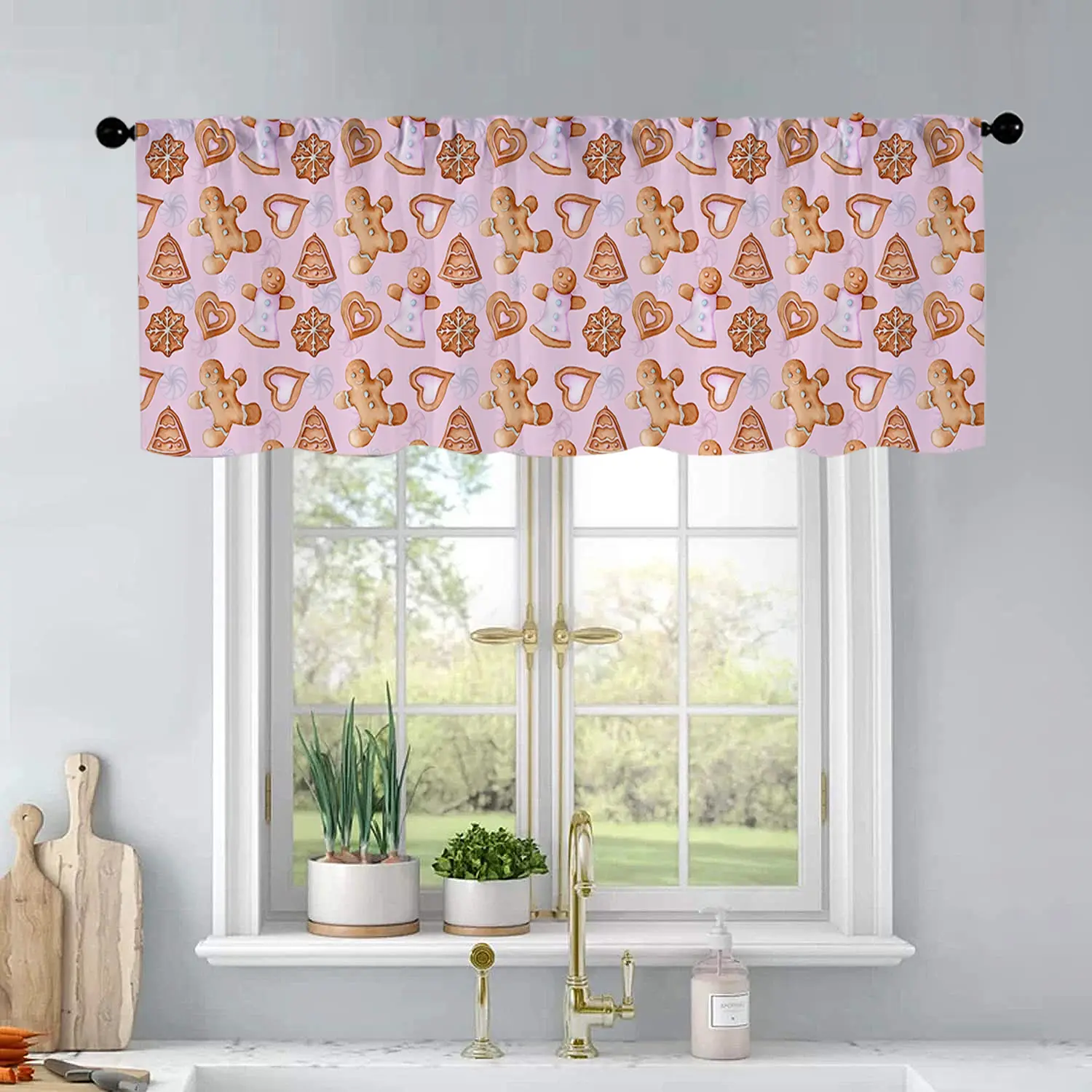 1Pc Christmas And New Year Printed Kitchen Curtains Watercolor Gingerbread Cookies Ca Curtains Curtain Valance Living Room Bedroom Bathroom Home Decor Home Decoration Curtain 54X18 Inch