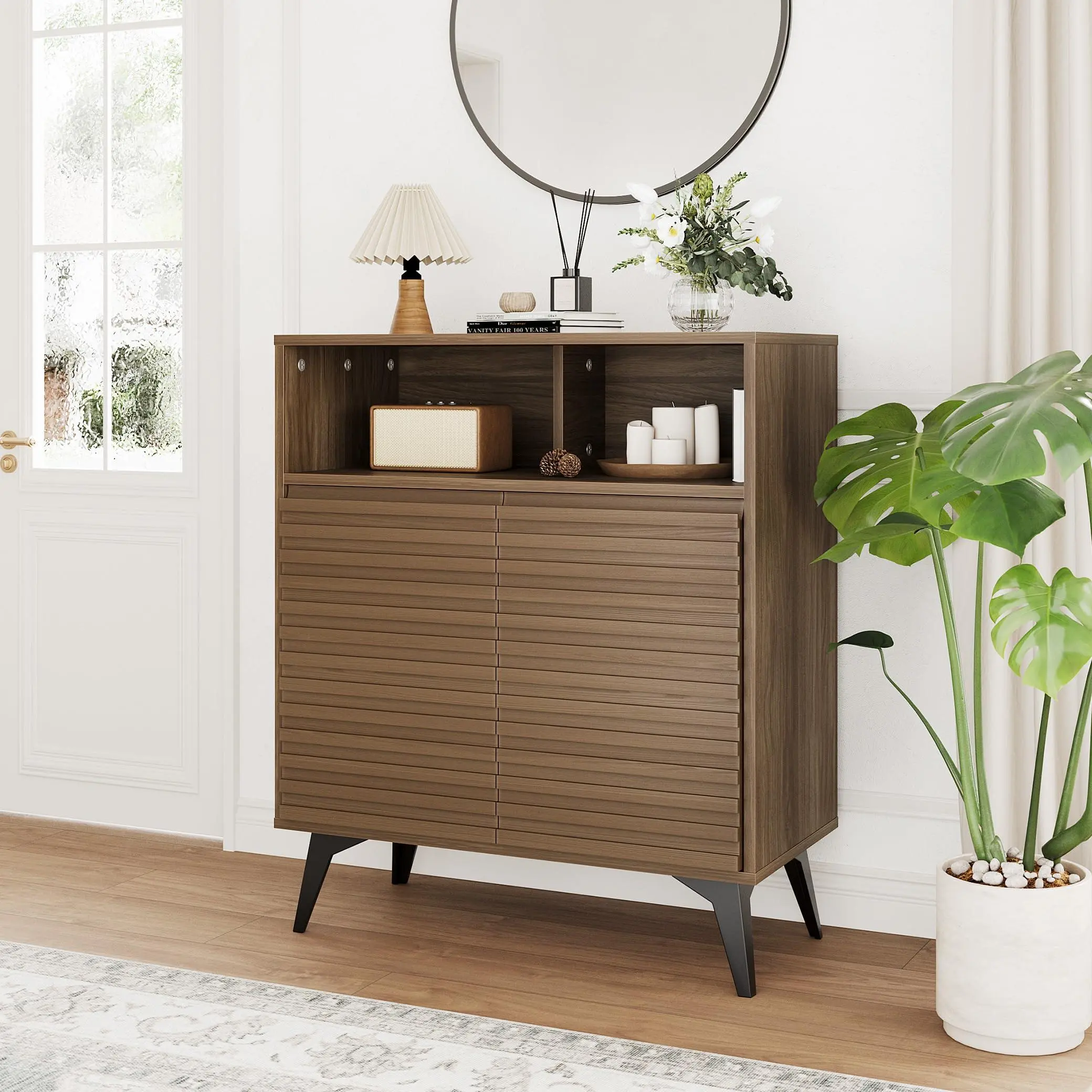Walnut Fluted Freestanding Sideboard Buffet Cabinet - 2 Doors, Adjustable Shelves, Legged Base, Single Unit - Ideal for Kitchen, Dining Room - Versatile Coffee Bar or Credenza